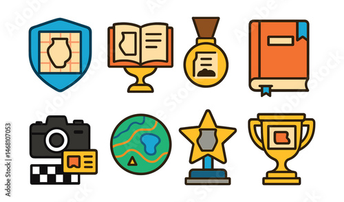 Flat vector icons of archaeological documentation: artifact drawing grid badge, field sketch journal trophy, context sheet form medal, excavation logbook ribbon, scale photo with ID card icon, GIS