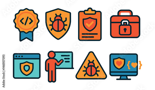 Flat vector icons of cyber self-defense skills: practicing basic coding skills badge, understanding malware types badge, building incident response plans badge, preparing personal cyber emergency
