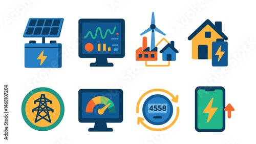 Flat vector icons of smart grids and energy storage: solar battery storage unit, smart grid dashboard, distributed energy systems, home battery backup system, virtual power plant badge, energy
