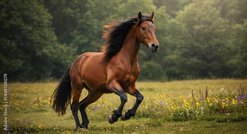 Obraz premium Galloping Brown Horse Running Freely in a Sunny Meadow with Flowers