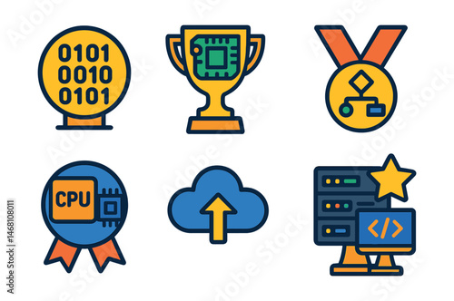 Flat vector icons of computer science concepts: binary code badge, motherboard layout trophy, algorithm flowchart medal, CPU and chip ribbon, cloud storage icon, neural network web badge, database