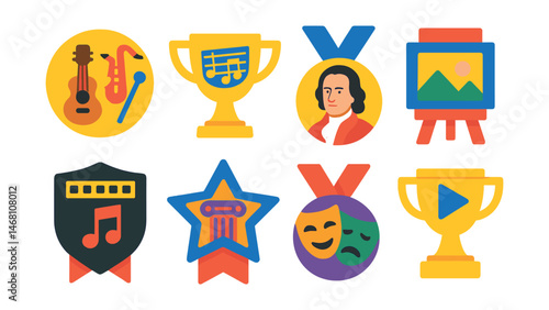 Flat vector icons of music and arts quizzes: musical instruments quiz badge, music theory trivia trophy, famous composers quiz medal, painting recognition game ribbon, film score quiz badge, art