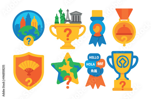 Flat vector icons of travel and culture quizzes: world cities quiz badge, famous monuments trivia trophy, world cuisine quiz medal, international languages quiz ribbon, cultural traditions quiz badge
