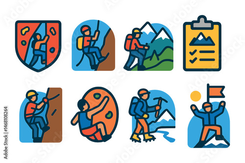 Flat vector icons of climbing and alpinism activities: indoor climbing gyms badge, outdoor rock climbing badge, alpine hiking adventures badge, mountaineering training planner, via ferrata routes