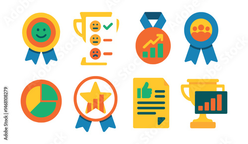Flat vector icons of marketing research surveys: brand perception poll badge, product testing feedback form trophy, advertising impact survey medal, focus group results ribbon, consumer behavior