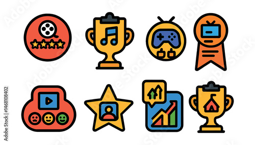 Flat vector icons of entertainment surveys: movie rating survey badge, music festival feedback form trophy, video game user satisfaction poll medal, TV show popularity survey ribbon, streaming