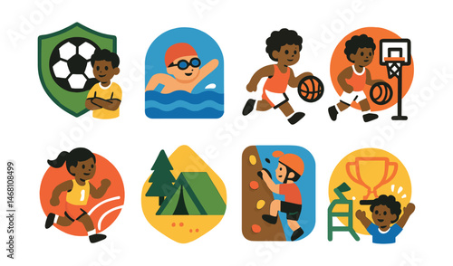 Flat vector icons of youth sports activities: joining youth soccer leagues badge, learning swimming basics badge, practicing mini basketball sessions badge, participating in school track events badge