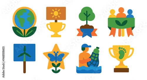 Flat vector icons of environmental activism: save the planet banner badge, climate change protest sign trophy, tree planting activism medal, eco-march group ribbon, renewable energy protest badge,