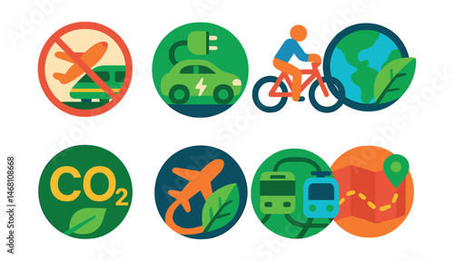 Flat vector icons of eco-conscious transportation for travel: preferring trains over planes badge, using electric car rentals badge, choosing bikes for city travel badge, planning carbon-neutral
