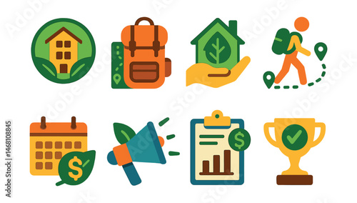 Flat vector icons of budget-friendly sustainable travel: using eco hostel networks badge, planning backpacking eco trips badge, choosing affordable eco-stays badge, participating in budget slow