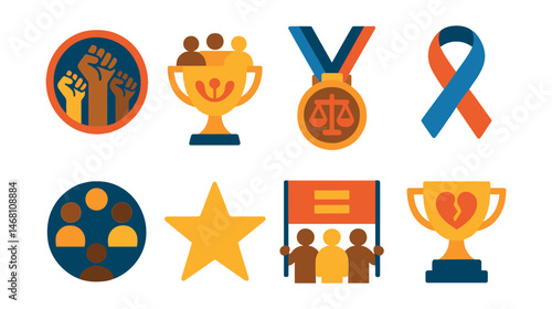 Flat vector icons of anti-racism activism: anti-racism rally badge, diversity and inclusion march trophy, racial justice protest medal, anti-discrimination advocacy ribbon, cultural diversity