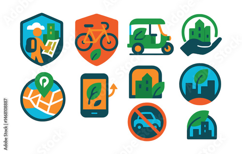 Flat vector icons of city exploration without emissions: choosing walking tours badge, renting bicycles badge, joining eco tuk-tuk tours badge, supporting green city tours badge, mapping