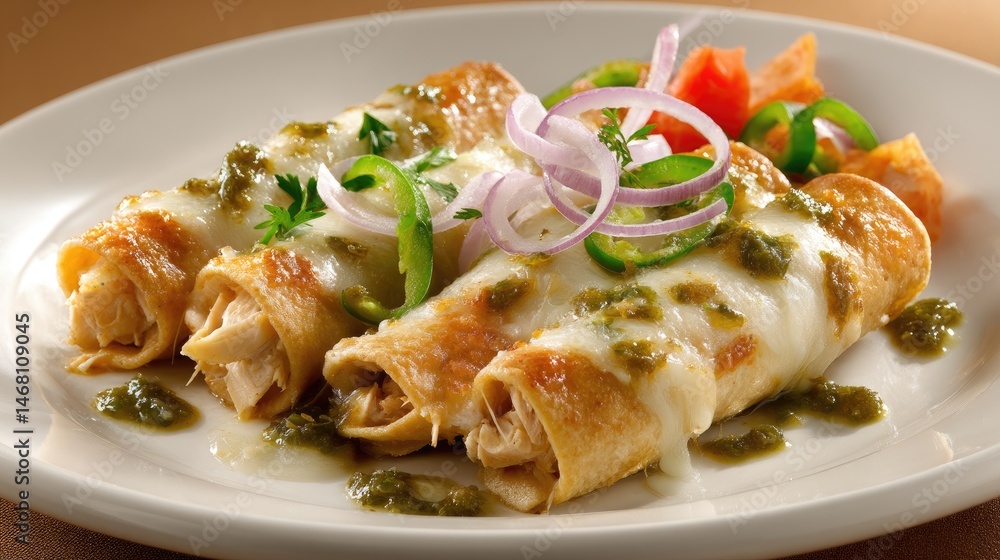 Chicken Enchiladas Verde Tasty Mexican food with melted cheese salsa. Chicken Enchiladas Verde Tasty Mexican food with melted cheese salsa.
