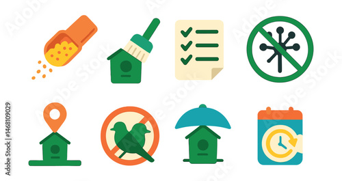 Flat vector icons of bird feeder maintenance: seed refill scoop, clean feeder brush, weekly maintenance log, mold-free icon, feeder placement chart, avoid overcrowding badge, rain guard cover, feeder