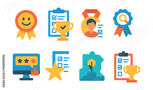 Flat vector icons of education and academic surveys: student satisfaction poll badge, course feedback form trophy, teacher evaluation survey medal, academic research questionnaire ribbon, online