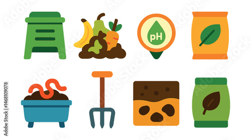 Flat vector icons of composting and soil care: compost bin icon, food scraps pile, soil pH tester badge, mulch bag symbol, worm compost box, garden compost stirrer, soil texture chart, organic