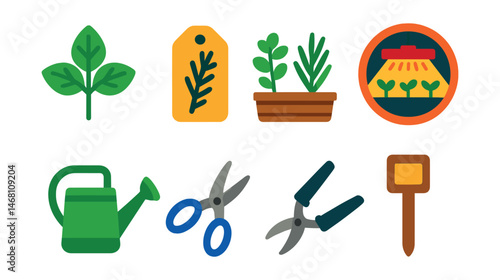 Flat vector icons of herb gardening: basil sprig icon, rosemary label, herb planter box, indoor grow light badge, kitchen windowsill garden, watering cup for herbs, trimming scissors, herb marker