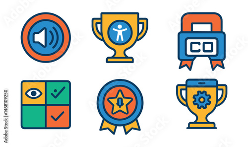 Flat vector icons of digital inclusivity: screen reader badge, accessible website trophy, keyboard navigation medal, video subtitles ribbon, colorblind-friendly interface icon, inclusive design