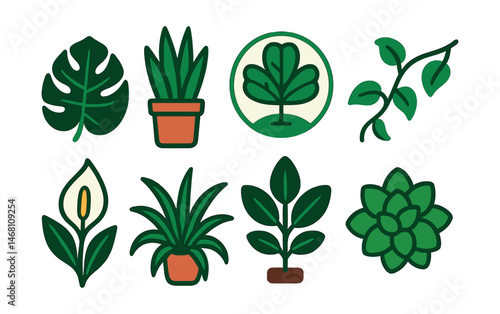 Flat vector icons of popular houseplants: monstera leaf icon, snake plant pot, fiddle leaf fig badge, pothos trailing vine, peace lily flower, spider plant symbol, rubber tree icon, succulent cluster