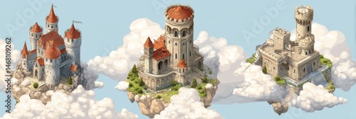 Floating Fantasy Castle Set in Clouds, Showcasing Intricate Architecture and Serene Sky Backdrop in Isometric Art Style Generative AI