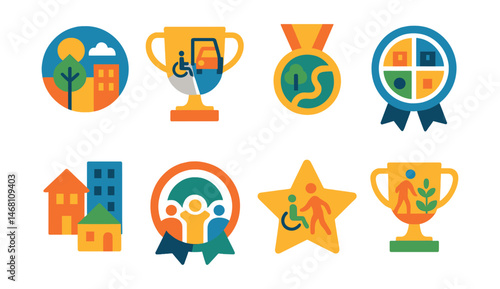Flat vector icons of inclusive urban planning: mixed-use community badge, barrier-free street design trophy, accessible park layout medal, inclusive zoning policy ribbon, diverse housing types icon,