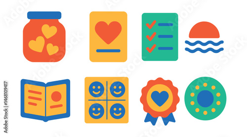 Flat vector icons of gratitude and reflection: gratitude jar icon, thankful note card, reflection prompt list, sunset reflection symbol, end-of-day journal, joy tracker, gratitude reminder badge,