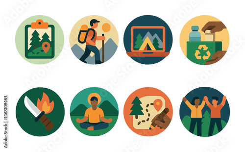 Flat vector icons of outdoor adventure retreats: planning forest retreats badge, participating in mountain retreats badge, booking wilderness camps badge, building eco retreat essentials kits badge,