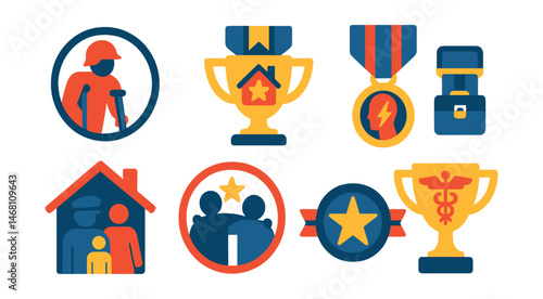 Flat vector icons of veterans’ charities: wounded soldier support badge, veteran housing project trophy, PTSD support program medal, veteran career transition ribbon, military family assistance icon,