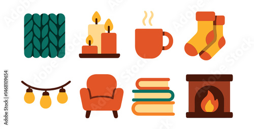 Flat vector icons of hygge-inspired spaces: chunky knit blanket, cozy candles set, steaming mug, fuzzy socks icon, warm lighting string, comfort chair, stack of novels, fireplace nook.