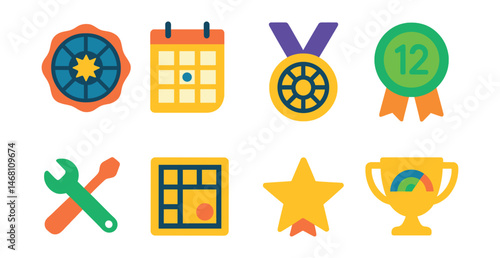 Flat vector icons of predictive astrology: solar return chart badge, transit calendar trophy, progression wheel medal, annual profection ribbon, timing technique tools icon, event prediction layout