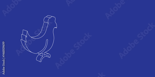 The outline of a large chicken symbol made of white lines on the left. 3D view of the object in perspective. Vector illustration on indigo background