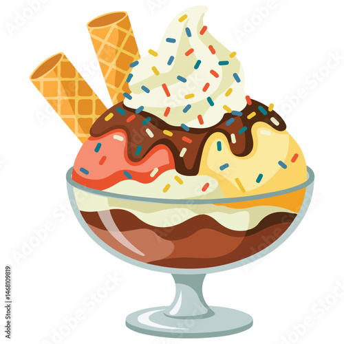 Chocolate ice cream sundae isolated vector illustration on white background