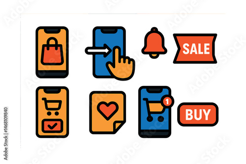 Flat vector icons of mobile shopping features: mobile shopping bag, swipe to buy icon, app notification bell, sale alert banner, mobile checkout screen, favorite item saved, cart reminder icon,