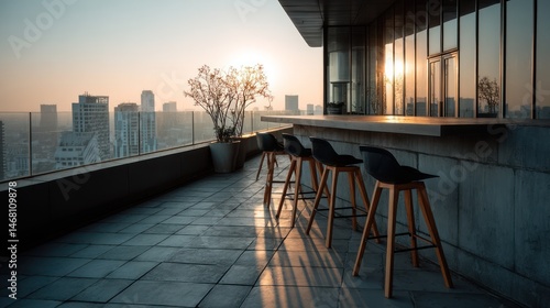 Rooftop sunrise bar, city view, morning calm, relaxing