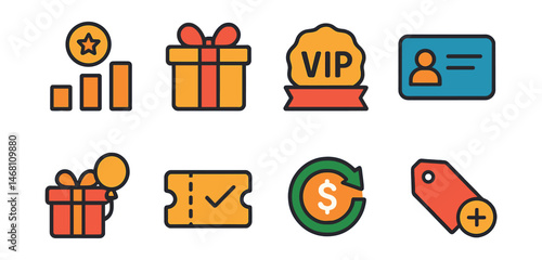 Flat vector icons of loyalty and rewards programs: points accumulation icon, reward gift box, VIP customer badge, membership card, birthday gift icon, coupon redeemed symbol, cashback program badge,