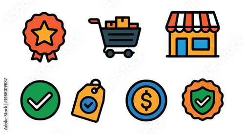 Flat vector icons of marketplace features: seller rating badge, seller store icon, multi-seller cart, marketplace storefront icon, vendor verification check, product authenticity tag, price match