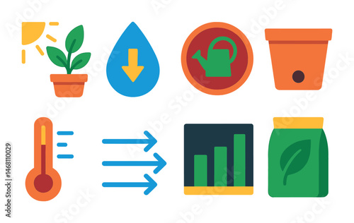 Flat vector icons of plant needs and conditions: indirect light icon, humidity level drop, watering schedule badge, drainage hole symbol, temperature range icon, airflow arrows, low-light condition