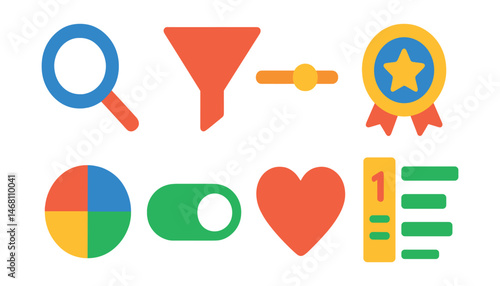 Flat vector icons of product search and filters: search magnifying glass, category filter funnel, price slider bar, brand selection badge, color choice circle, product availability switch, customer