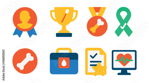 Flat vector icons of bone marrow donation: marrow donor badge, donor registration swab trophy, stem cell transplant support medal, compatibility test ribbon, bone marrow donation awareness icon,