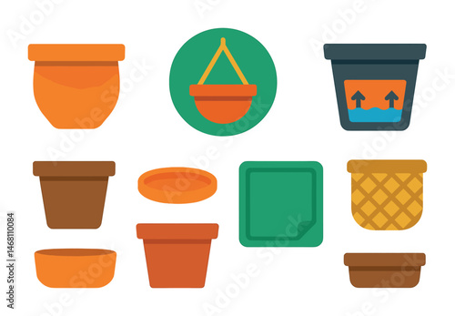 Flat vector icons of pots and planters: ceramic pot icon, hanging planter badge, self-watering pot, plastic nursery pot, clay terracotta pot, drainage tray, potting mat symbol, woven basket cover.