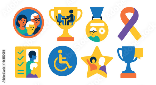 Flat vector icons of age inclusivity: age diversity badge, intergenerational workspace trophy, senior-friendly interface medal, youth empowerment support ribbon, age-inclusive hiring icon, elder