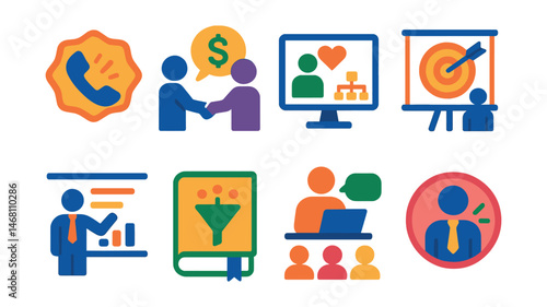 Flat vector icons of sales training sessions: cold calling techniques badge, negotiation skills training, customer relationship management icon, sales closing strategies course, sales pitch workshop,