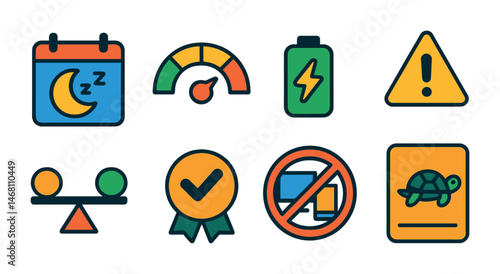 Flat vector icons of burnout prevention and energy balance: rest day calendar, workload break meter, restore energy icon, early sign alert, balance chart, time-off badge, no multitasking symbol,