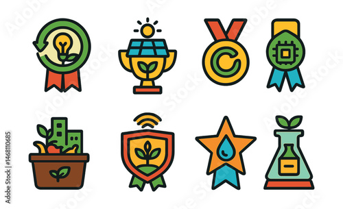 Flat vector icons of sustainability and innovation: zero waste innovation badge, clean energy hackathon trophy, circular economy pilot medal, green tech prototype ribbon, urban compost project icon,