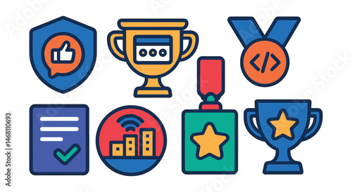 Flat vector icons of civic technology innovation: public feedback app badge, open government dashboard trophy, civic hackathon medal, participatory budgeting platform ribbon, digital petition tool