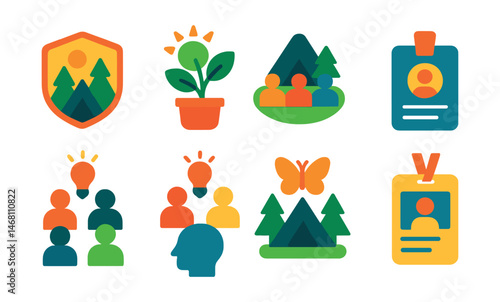 Flat vector icons of coaching retreats and events: coaching retreat badge, growth and renewal weekend icon, group coaching camp, personal breakthrough event, coaching mastermind group, leadership