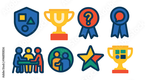 Flat vector icons of inclusive teaching practices: differentiated instruction badge, universal design for learning (UDL) trophy, inquiry-based learning medal, student voice strategy ribbon,