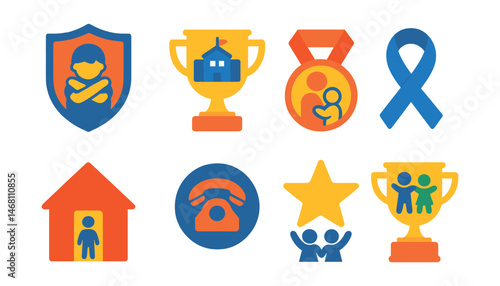 Flat vector icons of child protection: child abuse prevention badge, safe school zone trophy, foster care support medal, child trafficking prevention ribbon, emergency shelter access icon, hotline