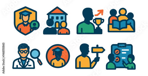 Flat vector icons of academic mentorship: student mentor badge, university mentorship program, academic success coaching, study group mentorship, research project mentorship, PhD mentorship badge,