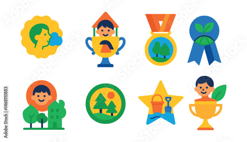 Flat vector icons of environmental rights for children: clean air right badge, safe playground development trophy, green spaces for kids medal, environmental education program ribbon, child-friendly